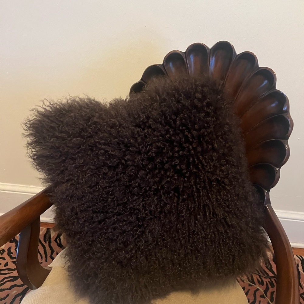 Luxurious genuine chocolate brown curly lamb throw pillow